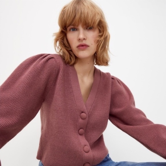 Zara Mauve Knit Puff Shoulder Sleeves Button Up V Neck Cardigan dust rose - Picture 1 of 4